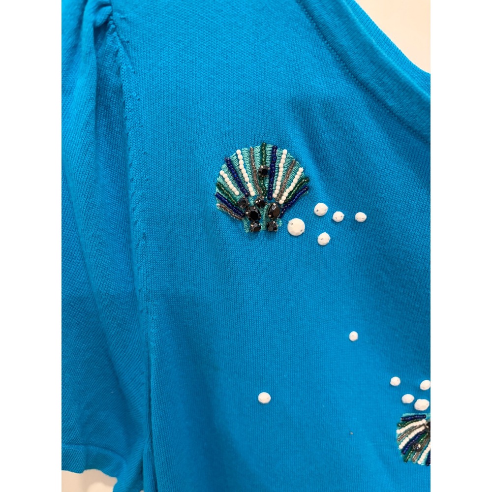 Talbots Womens Blue Beaded Seashell Short Sleeve Knit Top Sweater Large Nautical - Picture 4 of 8